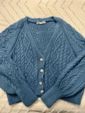 Zara Light Blue Cable Knit Cardigan with Rhinestone Buttons Medium